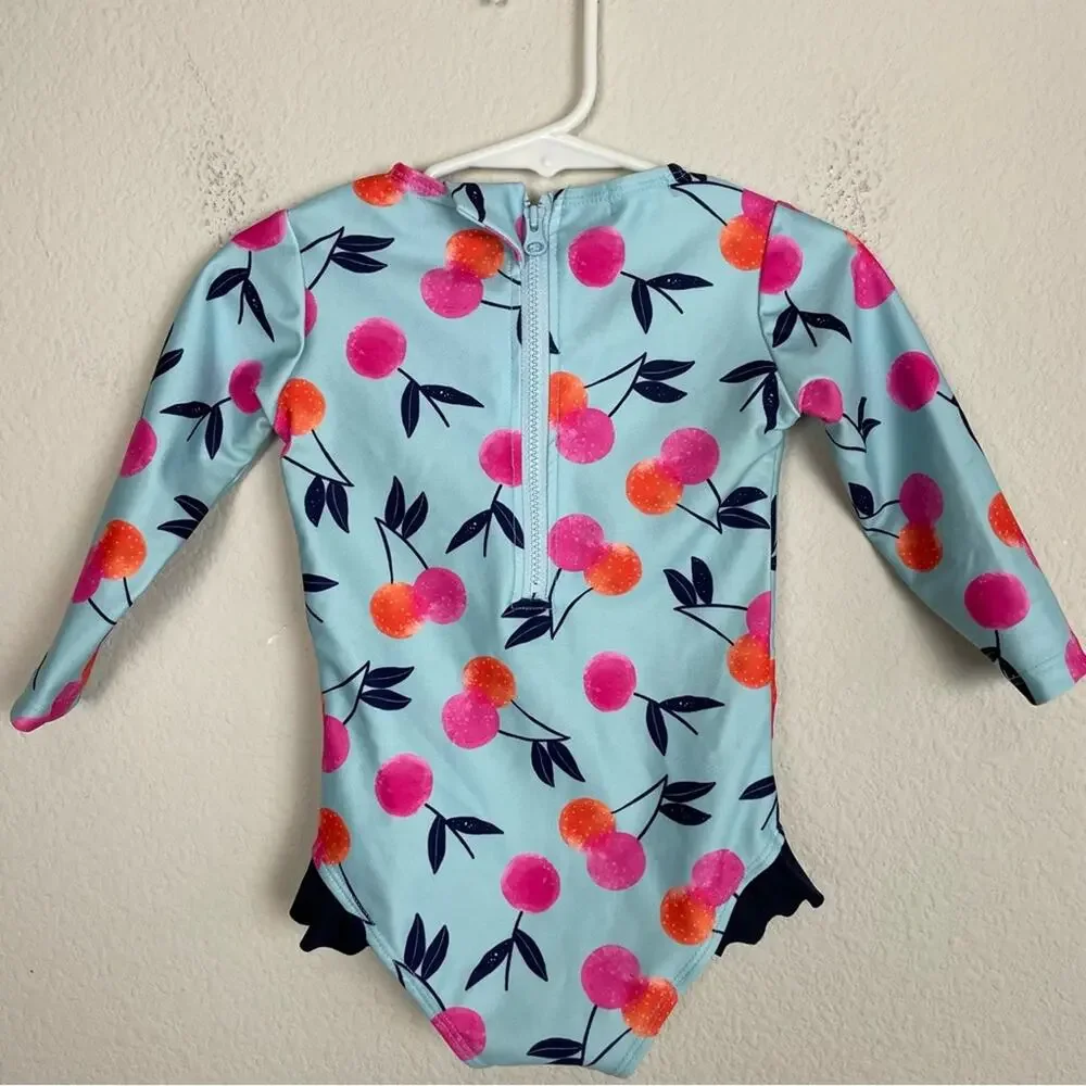 Bon Bon Blue Cherry Print Long Sleeve One Piece Swim Suit 1T